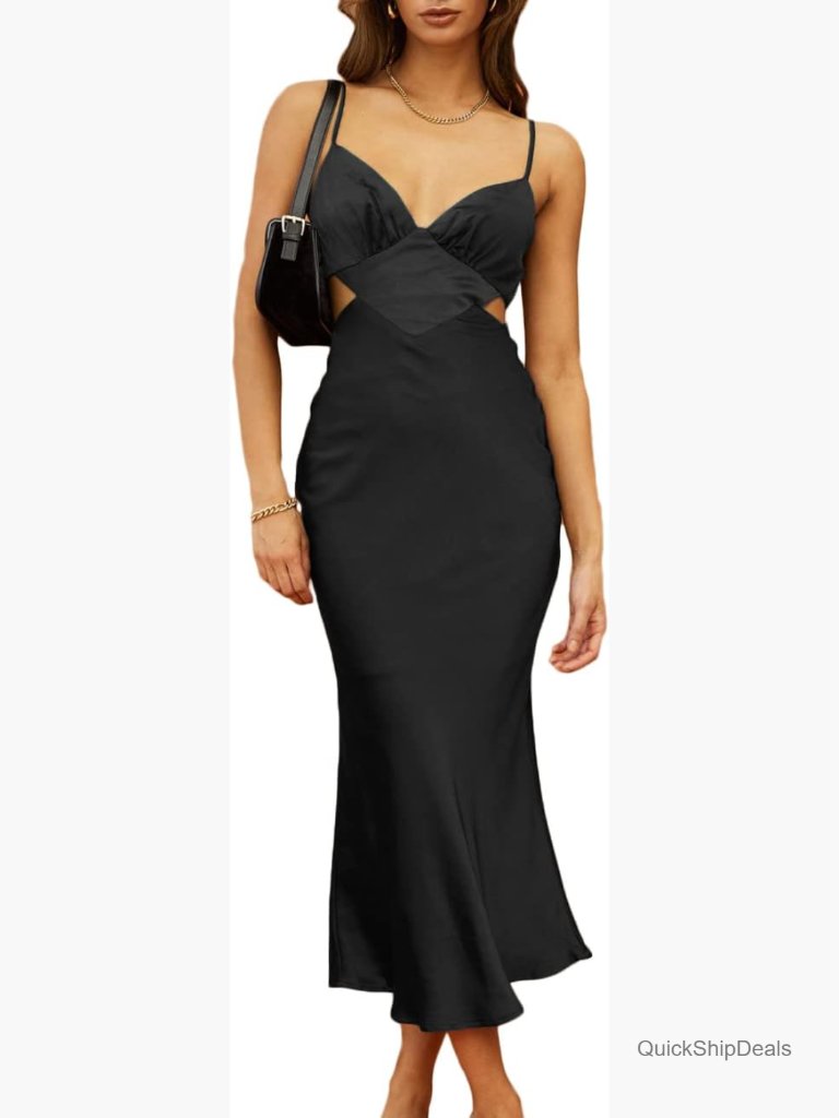 Satin Backless Maxi Dress Silk Cut Out V Neck Tie Back Formal Cocktail